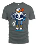 Groovy Boombox Skull B Boy Retro Hip Hop Style Graphic Tee - gray t-shirt on white background