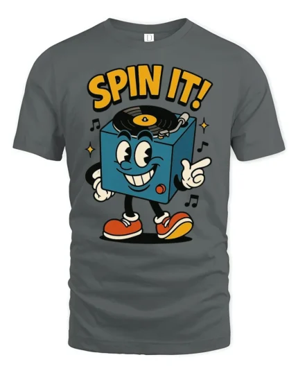 Jazzy Record Player Spin It Vinyl Music Graphic Tshirt - gray t-shirt on white background