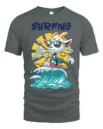 Chill Surfing Goat Retro Sunset Waves Graphic Tshirt - gray t-shirt on white background