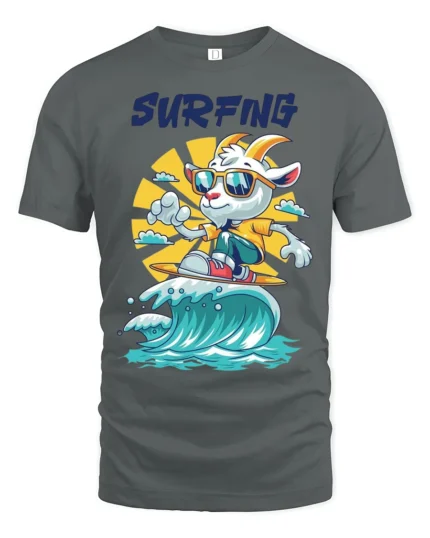 Chill Surfing Goat Retro Sunset Waves Graphic Tshirt - gray t-shirt on white background