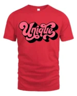 Groovy Pink Script Unique Typography Bold Retro Graphic Tshirt - red t-shirt on white background