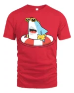 Jolly Shark Summer Vacation Hawaiian Shirt Graphic Tee - red t-shirt on white background