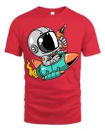 Galactic Astro Rider Rocket Ship Ray Gun Graphic Tshirt - red t-shirt on white background