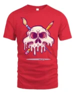 Melting Artist Skull Paintbrush Pencil Graphic Art Tshirt - red t-shirt on white background