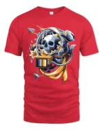 Cosmic Memento Mori Astronaut Skull Retro TV Graphic Tee - red t-shirt on white background