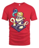 Funky DJ Ghost Monster Shaggy Yellow Creature Graphic Tee - red t-shirt on white background