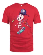Clumsy Skeleton Skater Bowling Ball Accident Graphic Tee - red t-shirt on white background