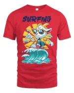 Chill Surfing Goat Retro Sunset Waves Graphic Tshirt - red t-shirt on white background