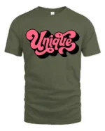 Groovy Pink Script Unique Typography Bold Retro Graphic Tshirt - military green t-shirt on white background