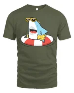 Jolly Shark Summer Vacation Hawaiian Shirt Graphic Tee - military green t-shirt on white background