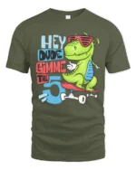 Radical Skater T Rex Hey Dude Gimme The 5 Graphic Tshirt - military green t-shirt on white background