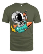 Galactic Astro Rider Rocket Ship Ray Gun Graphic Tshirt - military green t-shirt on white background