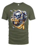 Cosmic Memento Mori Astronaut Skull Retro TV Graphic Tee - military green t-shirt on white background