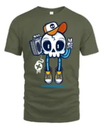 Groovy Boombox Skull B Boy Retro Hip Hop Style Graphic Tee - military green t-shirt on white background