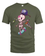 Clumsy Skeleton Skater Bowling Ball Accident Graphic Tee - military green t-shirt on white background