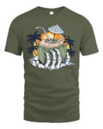 Tropical Skeleton Hand Coconut Cocktail Beach Graphic Tee - military green t-shirt on white background
