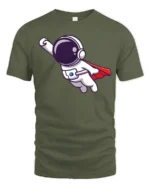 Heroic Space Voyager Superhero Red Cape Graphic Tshirt - military green t-shirt on white background