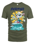 Chill Surfing Goat Retro Sunset Waves Graphic Tshirt - military green t-shirt on white background