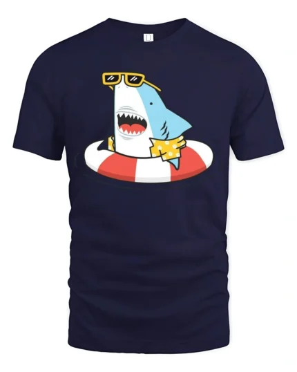 Jolly Shark Summer Vacation Hawaiian Shirt Graphic Tee - navy t-shirt on white background