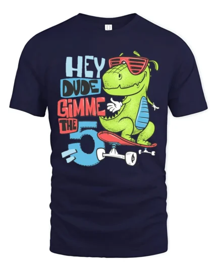 Radical Skater T Rex Hey Dude Gimme The 5 Graphic Tshirt - navy t-shirt on white background