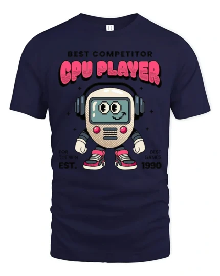 Pro Gamer CPU Player Robot Vintage 1990 Style Graphic Tshirt - navy t-shirt on white background