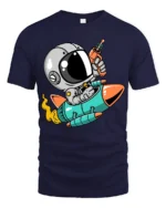 Galactic Astro Rider Rocket Ship Ray Gun Graphic Tshirt - navy t-shirt on white background