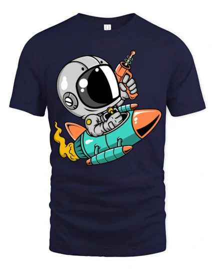 Galactic Astro Rider Rocket Ship Ray Gun Graphic Tshirt - navy t-shirt on white background