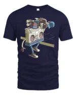 Walking Boombox Hip Hop Beats Retro Music Graphic Tshirt - navy t-shirt on white background