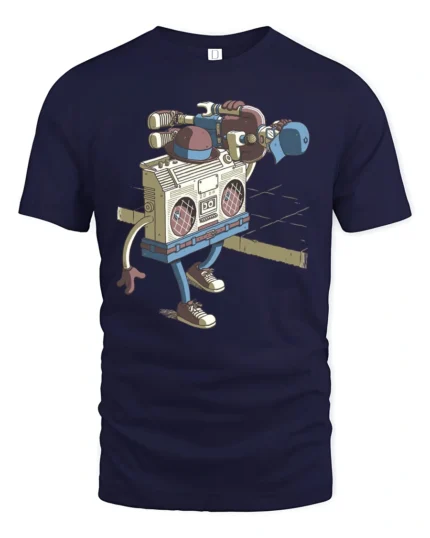 Walking Boombox Hip Hop Beats Retro Music Graphic Tshirt - navy t-shirt on white background