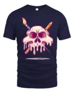 Melting Artist Skull Paintbrush Pencil Graphic Art Tshirt - navy t-shirt on white background