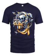 Cosmic Memento Mori Astronaut Skull Retro TV Graphic Tee - navy t-shirt on white background