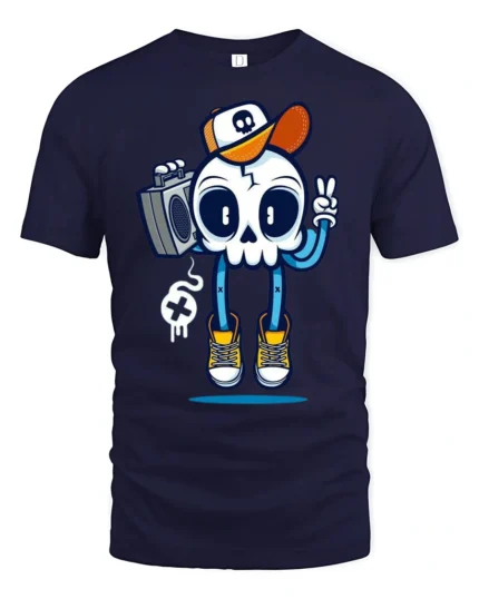 Groovy Boombox Skull B Boy Retro Hip Hop Style Graphic Tee - navy t-shirt on white background