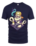 Funky DJ Ghost Monster Shaggy Yellow Creature Graphic Tee - navy t-shirt on white background
