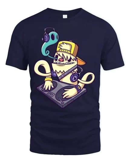 Funky DJ Ghost Monster Shaggy Yellow Creature Graphic Tee - navy t-shirt on white background