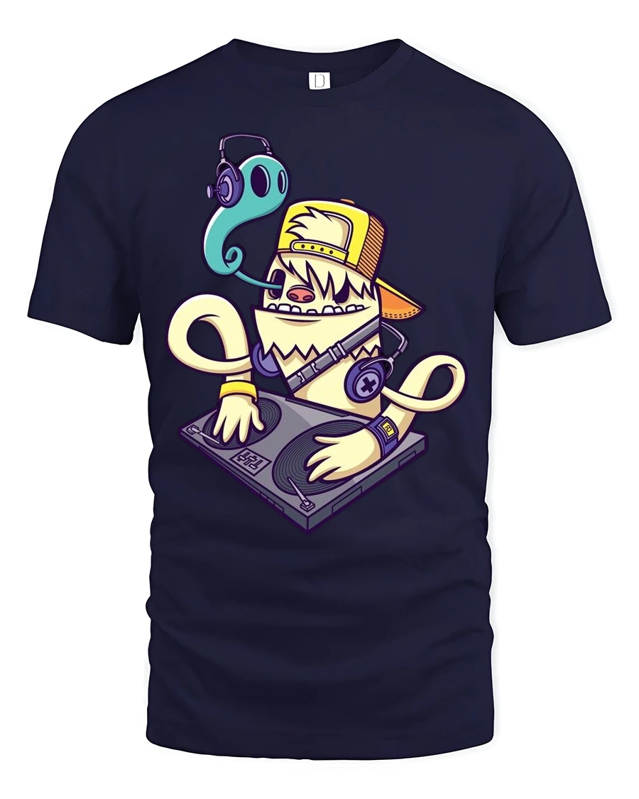 Funky DJ Ghost Monster Shaggy Yellow Creature Graphic Tee - 1 Funky DJ Ghost Monster Shaggy Yellow Creature Graphic Tee - navy t-shirt on white background