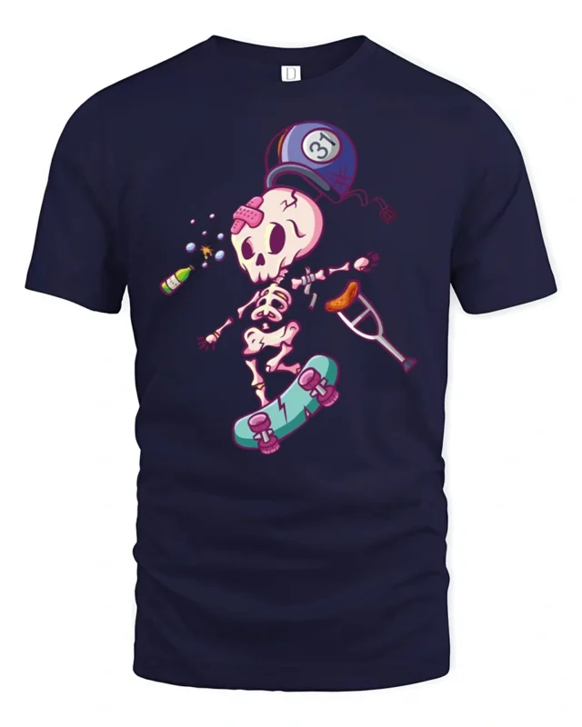 Clumsy Skeleton Skater Bowling Ball Accident Graphic Tee - navy t-shirt on white background