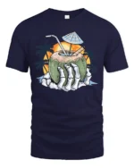 Tropical Skeleton Hand Coconut Cocktail Beach Graphic Tee - navy t-shirt on white background