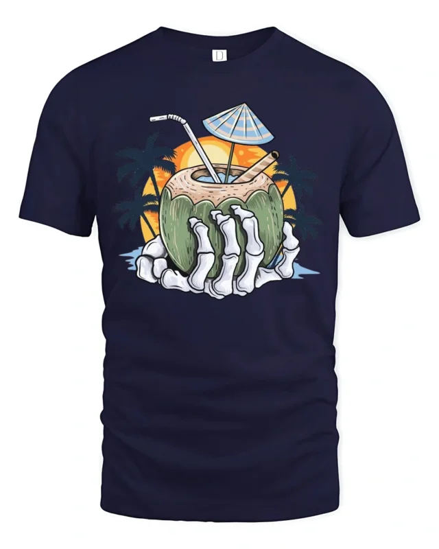 Tropical Skeleton Hand Coconut Cocktail Beach Graphic Tee - navy t-shirt on white background