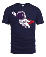 Heroic Space Voyager Superhero Red Cape Graphic Tshirt - navy t-shirt on white background