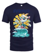 Chill Surfing Goat Retro Sunset Waves Graphic Tshirt - navy t-shirt on white background