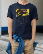 Nostalgic 80s Cassette Tape Memories Retro Graphic Tshirt - model wearing navy tee with hands in pockets