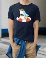 Jolly Shark Summer Vacation Hawaiian Shirt Graphic Tee - model wearing navy tee with hands in pockets