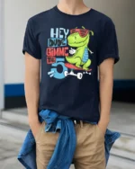 Radical Skater T Rex Hey Dude Gimme The 5 Graphic Tshirt - model wearing navy tee with hands in pockets