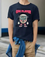 Pro Gamer CPU Player Robot Vintage 1990 Style Graphic Tshirt - model wearing navy tee with hands in pockets