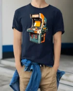 Retro Arcade Machine Joystick Classic Gaming Graphic Tshirt - model wearing navy tee with hands in pockets