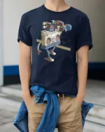 Walking Boombox Hip Hop Beats Retro Music Graphic Tshirt - model wearing navy tee with hands in pockets