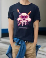 Melting Artist Skull Paintbrush Pencil Graphic Art Tshirt - model wearing navy tee with hands in pockets