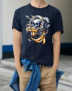 Cosmic Memento Mori Astronaut Skull Retro TV Graphic Tee - model wearing navy tee with hands in pockets