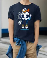 Groovy Boombox Skull B Boy Retro Hip Hop Style Graphic Tee - model wearing navy tee with hands in pockets