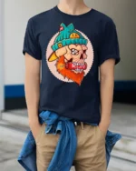 Dynamite Biting Bearded Skull Run Fast Graphic Tshirt - model wearing navy tee with hands in pockets